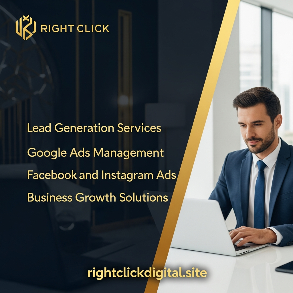 Digital marketing website post for Right Click Digital showing services like Meta ads management, TikTok ads campaigns, lead generation strategies, Google Ads, WhatsApp chatbot setup, and online business growth solutions through rightclickdigital.site.
